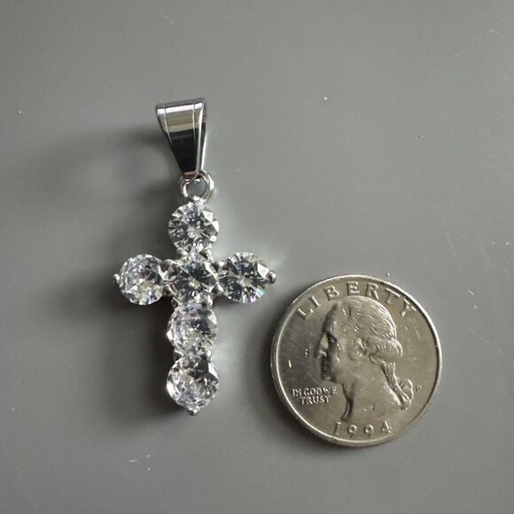 Cubic Zirconia Stainless Steel Cross Pendant Gift Trendy 24” Necklace Silver - Picture 3 of 6